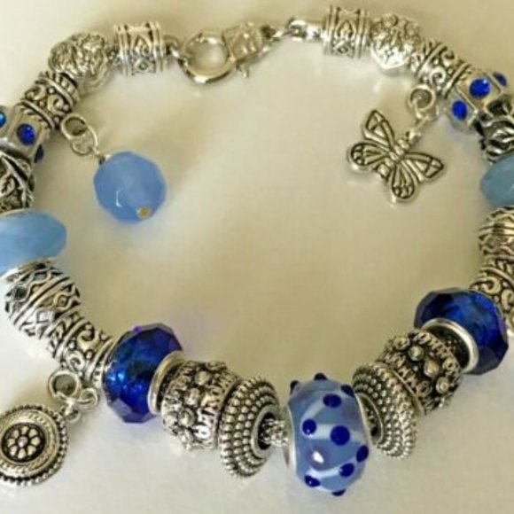 European Style Silver Plated Charm Bracelet with Beads, Lobster Closure, 9" Long - Picture 9 of 12